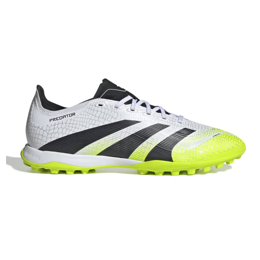 Chuteira Adidas Predator League society lateral direita branca com detalhes em preto e verde-limão